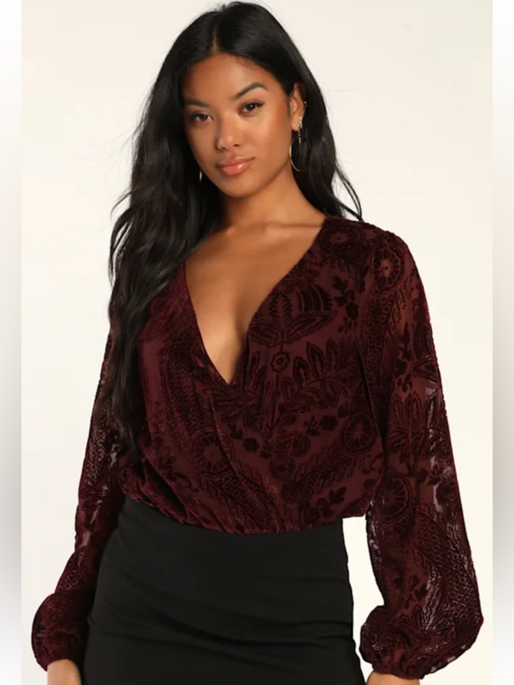 Lulus Burgundy Velvet Burnout Bodysuit Long Sleeve Wrap Top Thong Snap Size S